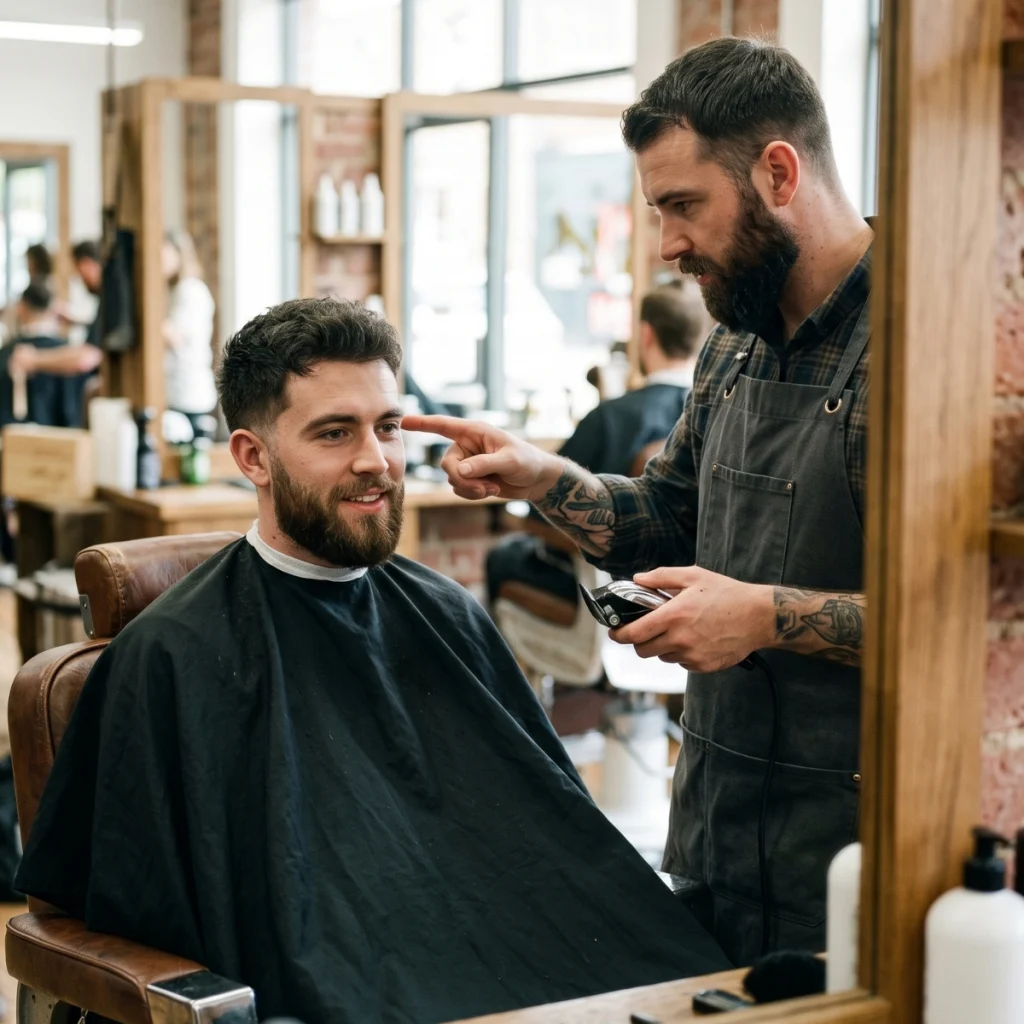Barber discussing how short to cut a taper fade with a male client.