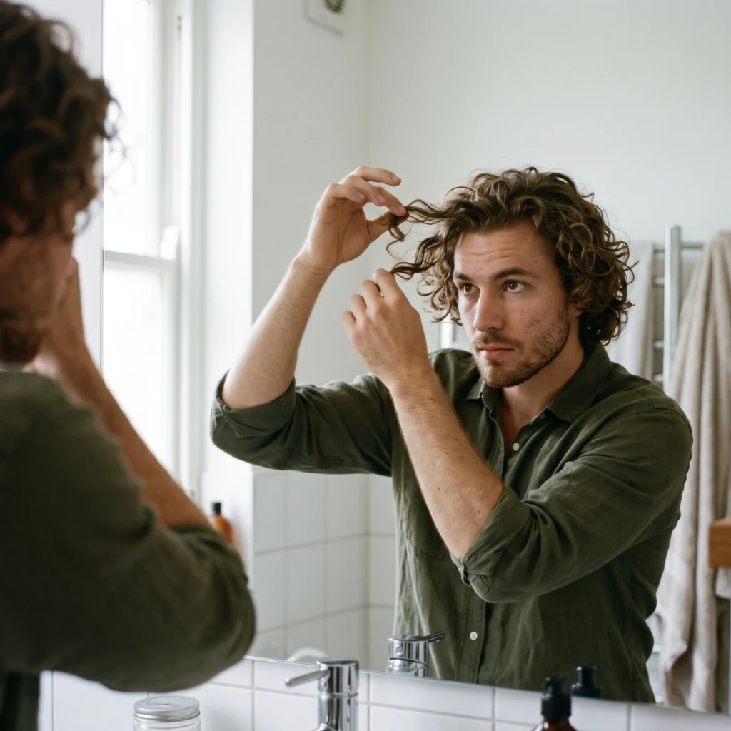 Man checking his natural hair pattern and texture in the mirror to identify his hair type.