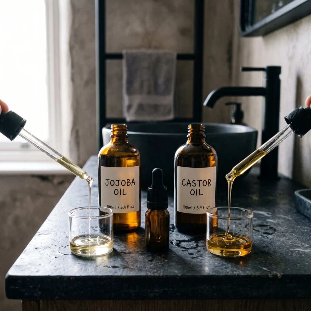 Jojoba oil and castor oil showing their different consistencies for a DIY shave oil blend