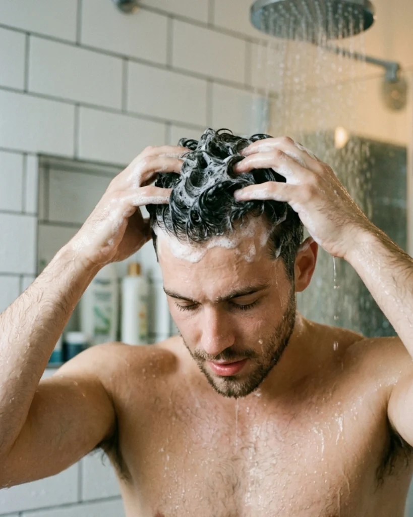 Man massaging shampoo into his scalp with his fingertips