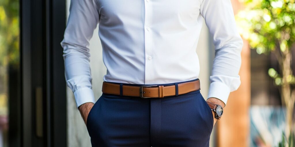 This image shows a man dressed in a stylish, well-fitted outfit, perfect for illustrating men’s fashion tips for beginners. He wears a crisp, white button-down shirt tucked into a pair of navy trousers, complemented by a sleek, brown leather belt. The outfit is polished and professional, demonstrating the importance of the perfect fit in elevating a look. The color combination of white, navy, and brown is timeless, highlighting both elegance and simplicity. This image perfectly represents how attention to detail, like matching accessories and a tailored fit, can create a sharp and confident appearance.