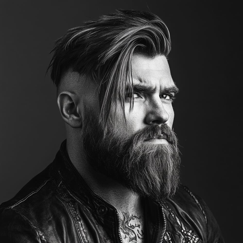 A black-and-white portrait of a man with a bold, long hairstyle featuring a dramatic, textured top that flows to one side and an undercut fade on the sides. His full, thick beard is neatly trimmed, complementing the edgy yet polished look. The combination of the hairstyle and beard showcases the importance of regular trims and styling for maintaining a sharp appearance, emphasizing how often men should get a haircut to keep longer styles looking intentional and healthy. He wears a black leather jacket, and the lighting highlights the texture and volume of his hair, creating a rugged and sophisticated aesthetic.