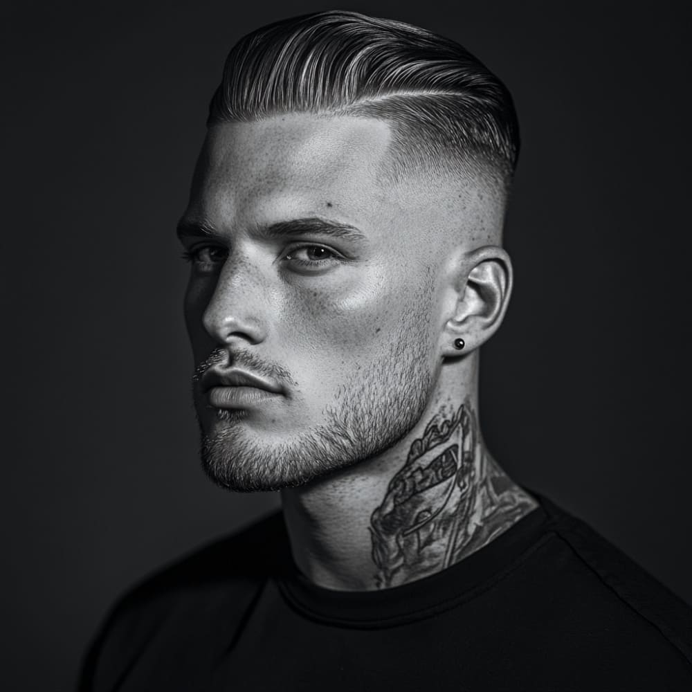 A black-and-white portrait of a man with a sleek, medium-length haircut featuring a sharp undercut fade on the sides and a combed-back, voluminous top.