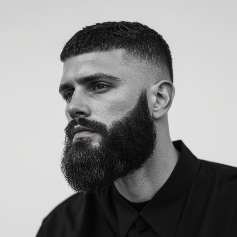 A black-and-white portrait of a man showcasing how often men should get a haircut to maintain a sharp, clean look. He has a short, textured haircut with a precise fade on the sides, paired with a neatly trimmed, full beard. The polished grooming highlights the importance of regular trims for maintaining a professional and well-groomed appearance. Dressed in a black button-up shirt, the image emphasizes the benefits of consistent hair and beard maintenance. The lighting enhances the haircut's texture and beard detailing, creating a modern and stylish impression.