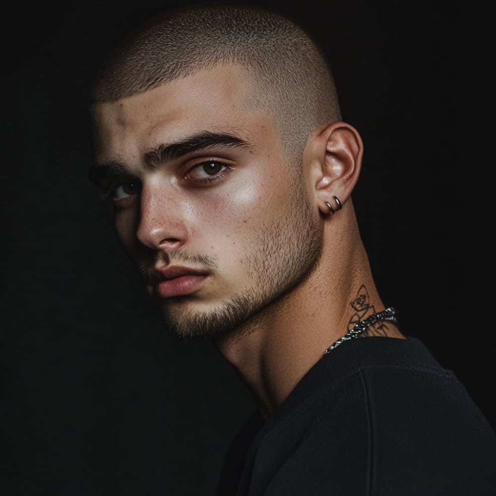 Portrait of a young man with a clean, uniform number 2 haircut, featuring short buzzed hair at 1/4 inch length. He has a sharp, defined hairline and subtle facial hair, wearing a black top, earrings, and a chain necklace. The background is dark, emphasizing his sharp facial features and sleek hairstyle.