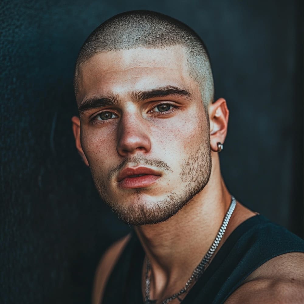Portrait of a young man with a short buzzed hairstyle, featuring a sharp hairline and subtle facial hair. He wears a sleeveless black shirt, a silver chain necklace, and a small earring. His intense gaze and strong facial features are highlighted by the soft lighting, with a dark, textured background adding depth to the image.