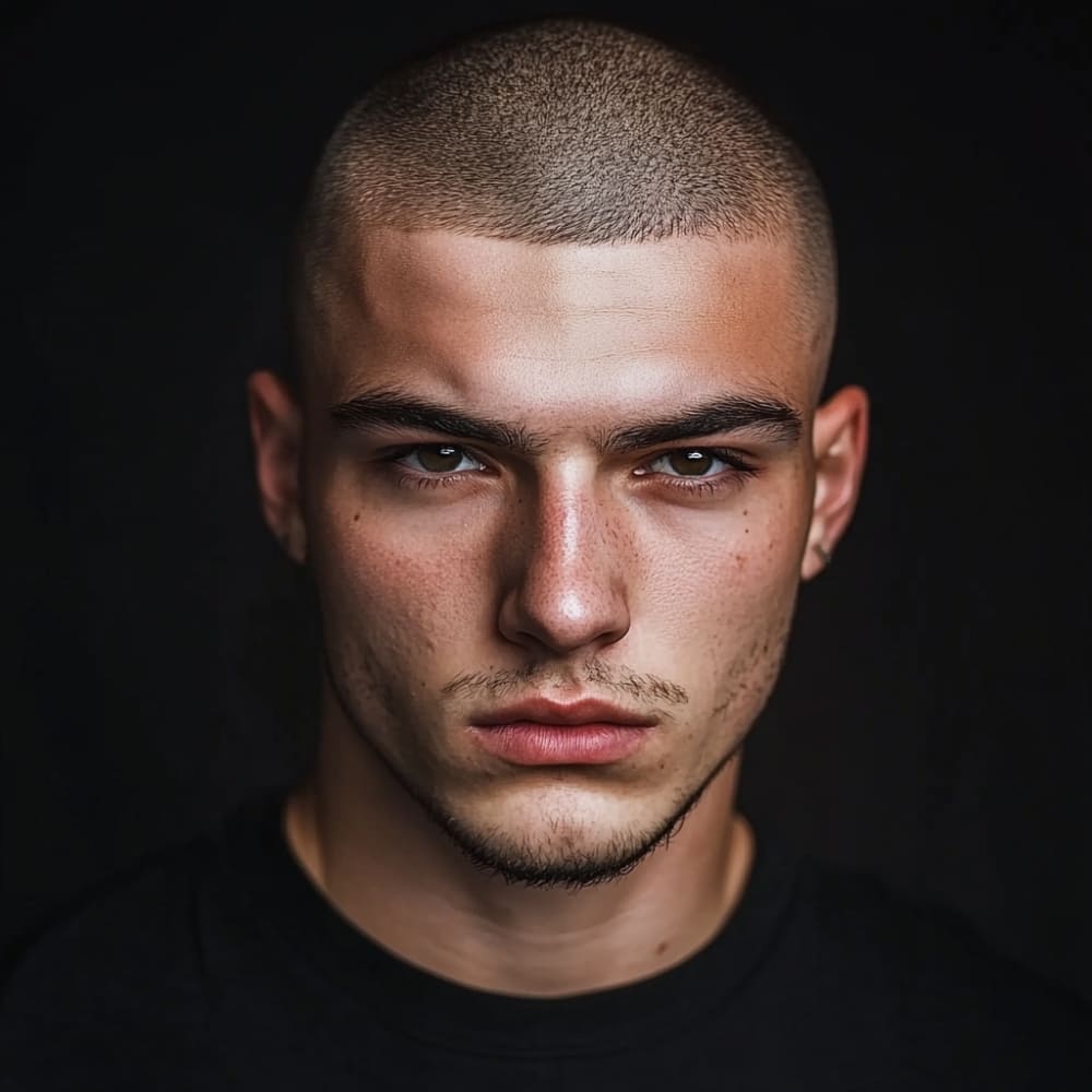 Close-up portrait of a young man with a short, buzzed hairstyle, defined by a sharp and clean hairline. He has minimal facial hair, strong facial features, and an intense, focused expression. He is wearing a black shirt, and the dark background emphasizes his well-groomed appearance and striking features