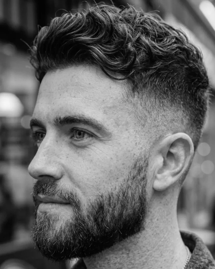medium boxed beard with defined cheek line and curly hair, side profile black and white