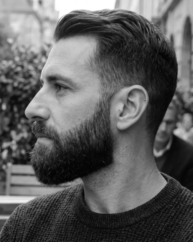 medium boxed beard with clean neckline in outdoor café setting, side profile view