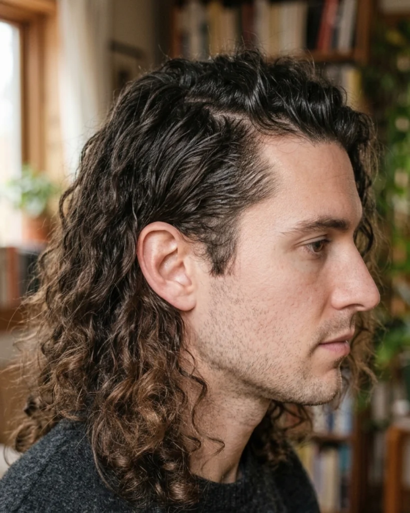 Man with oily roots and dry curly hair through the lengths
