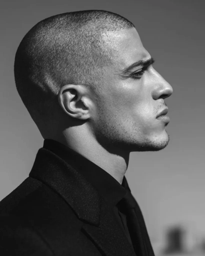 short professional buzz cut haircut, black and white side profile