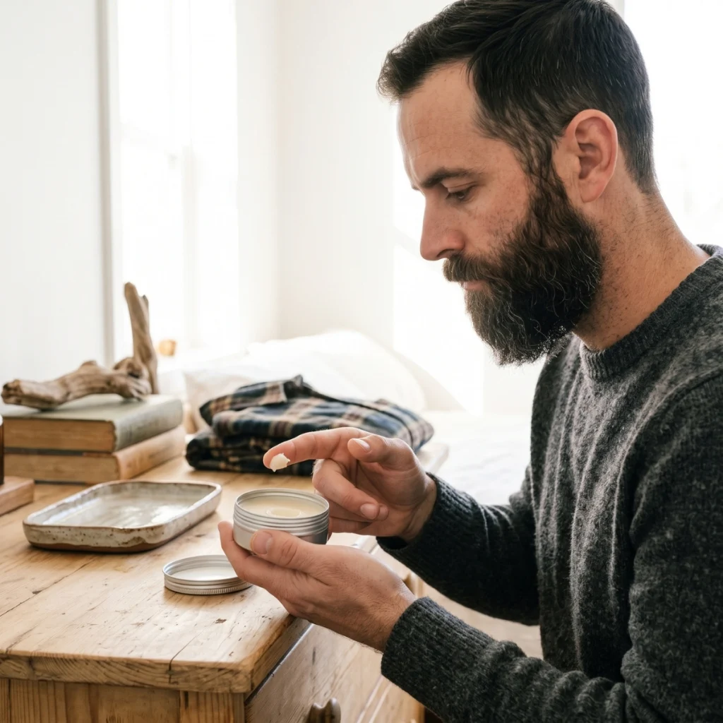 Man taking a small amount of beard butter from an open tin with his fingertip.