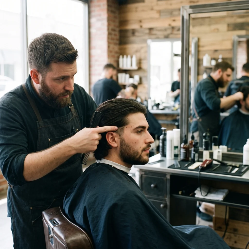 Barber pointing to the temple area to discuss where a taper fade should sit.