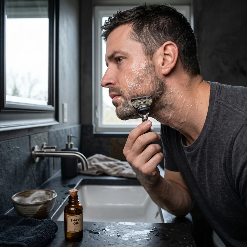 Man shaving with too much shave oil causing buildup on a cartridge razor