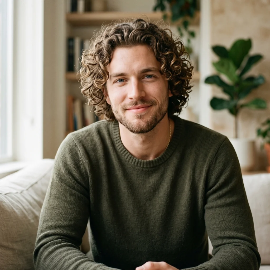 White man with naturally curly Type 3 hair and defined curls.