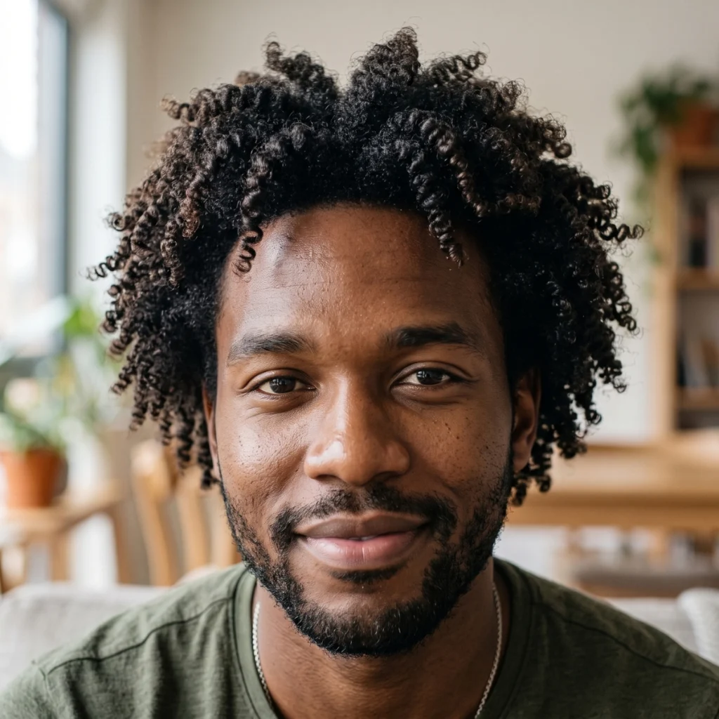 Black man with naturally coily Type 4 hair and tight defined coils.