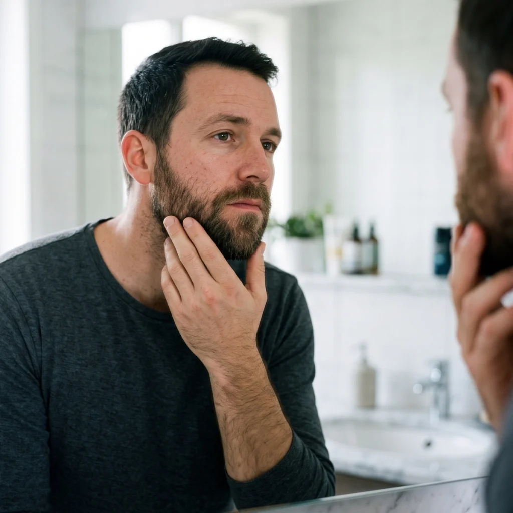 Man checking his beard growth in a bathroom mirror