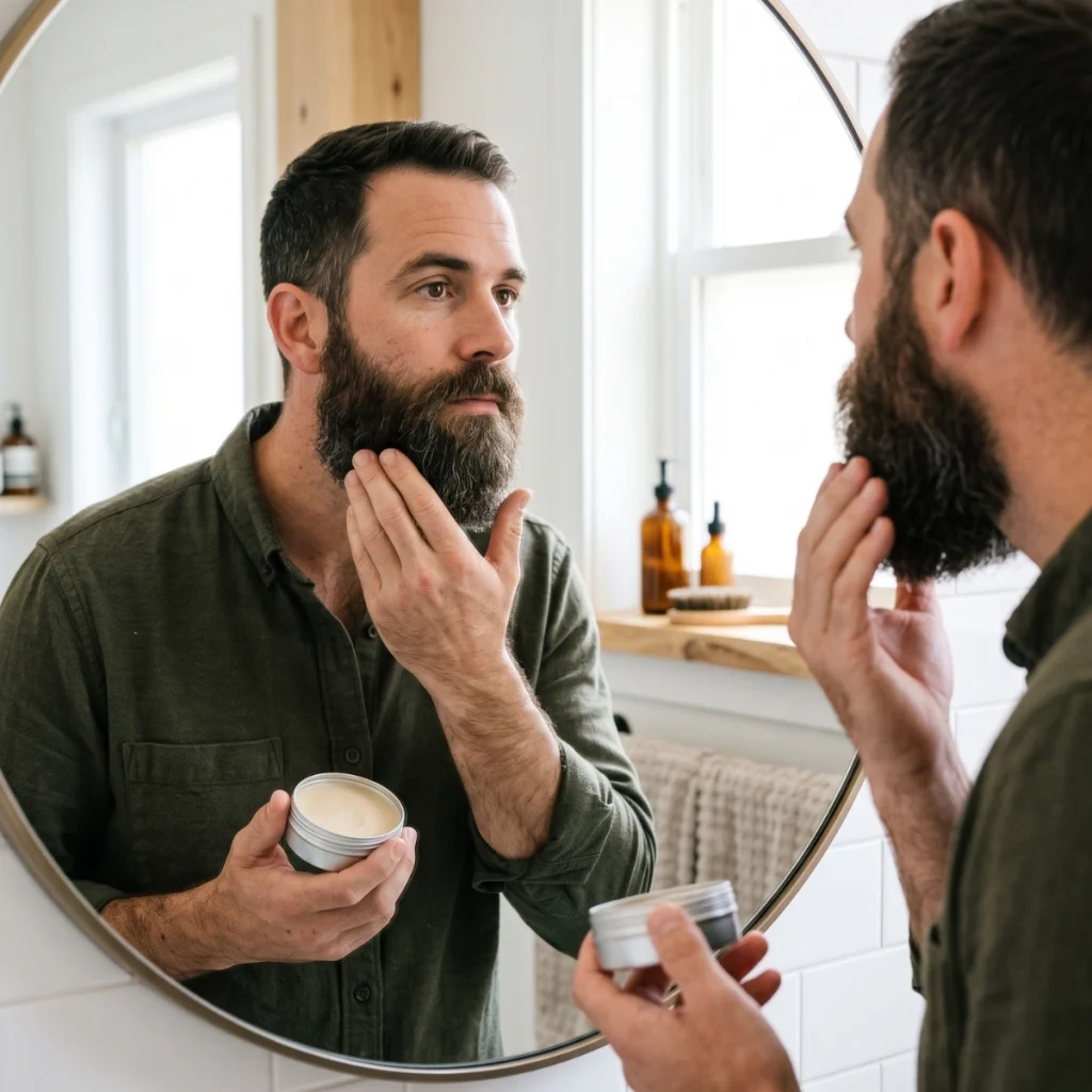 Man holding an open tin of beard butter while checking his beard in the mirror.
