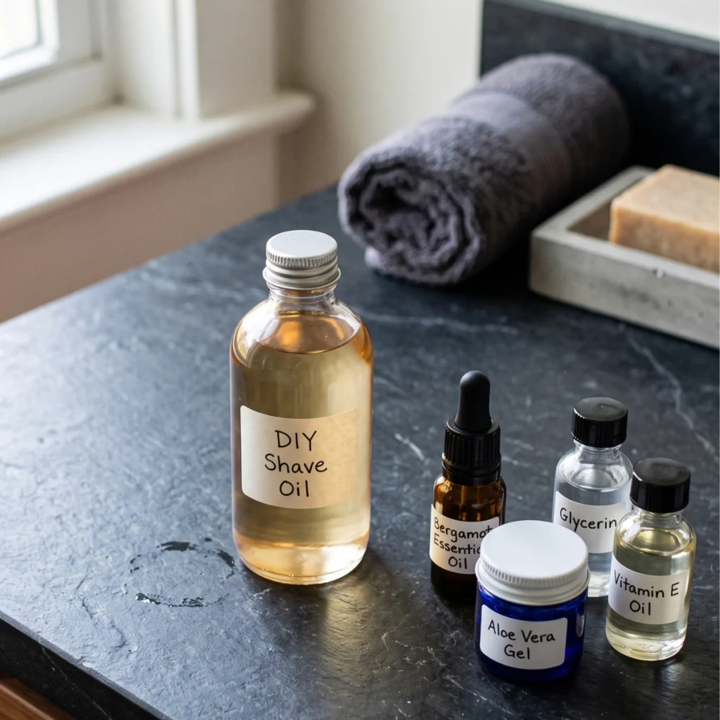 DIY shave oil beside essential oil, glycerin, aloe vera gel and vitamin E left out of the recipe