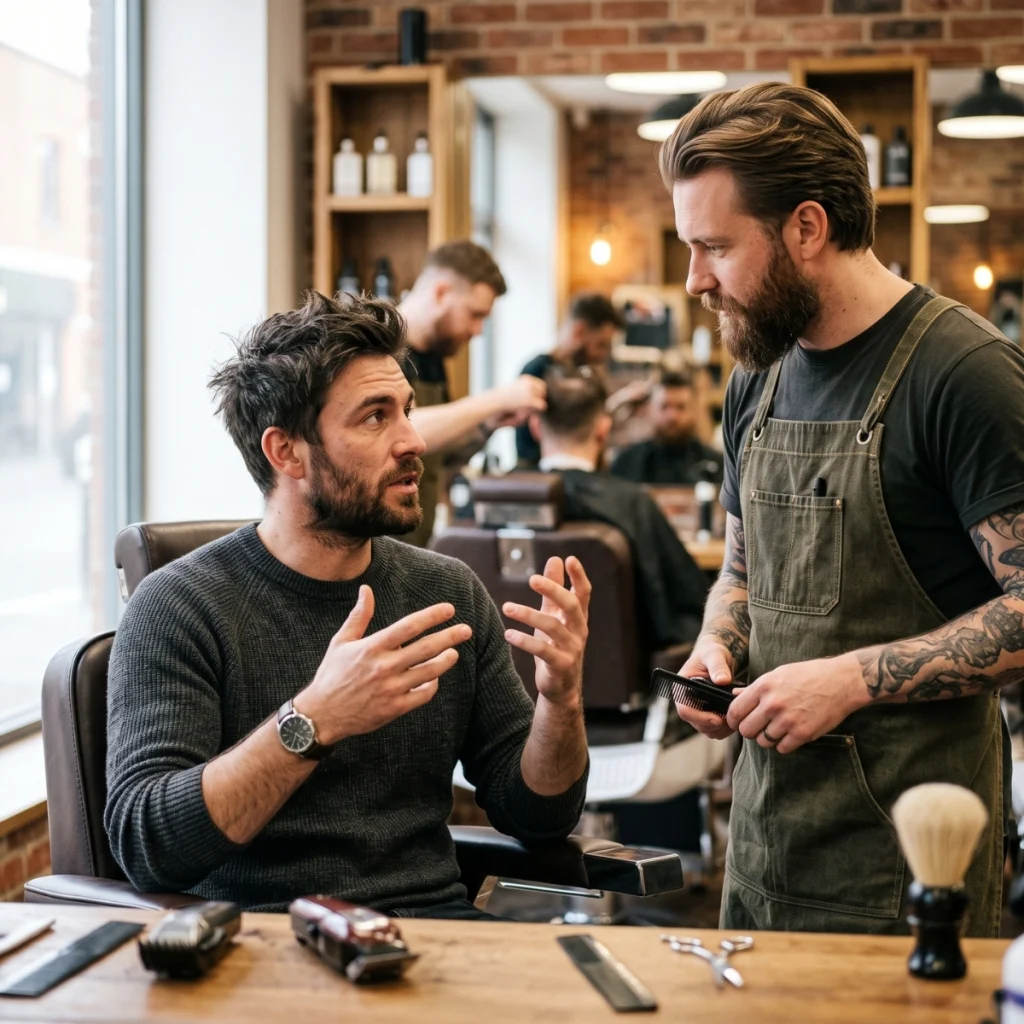 Male client explaining the taper fade he wants to his barber before the haircut.