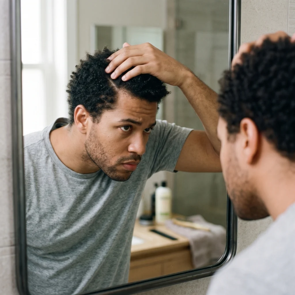 Man checking his hair density and natural texture to identify his hair type.