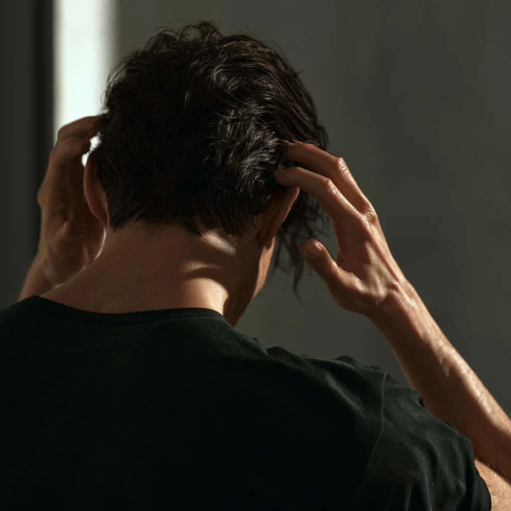 Man applying pomade through the back of his hair before styling the front