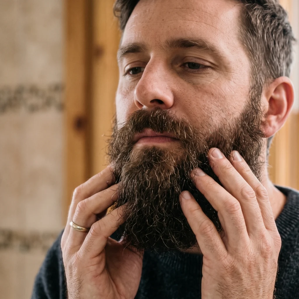 Man working beard oil through a dry full beard with his fingers