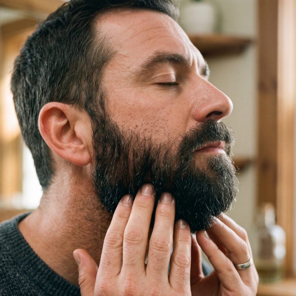 Man massaging beard oil into the skin underneath a full beard