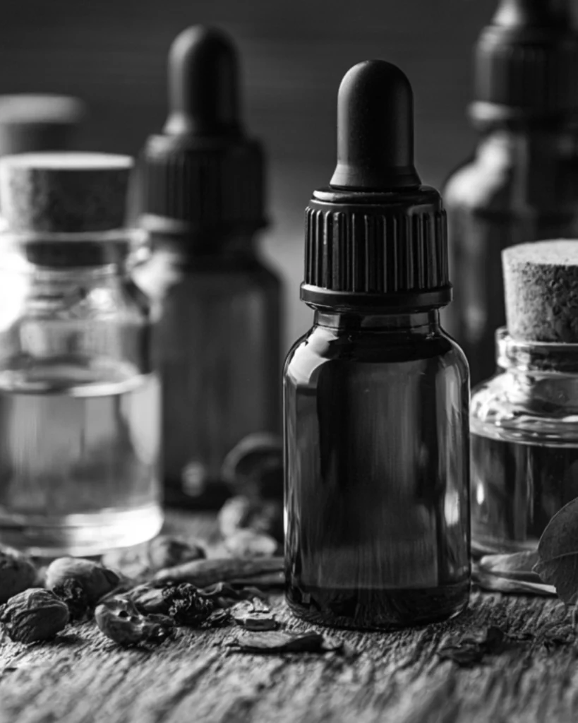Selection of beard oil carrier oils in glass dropper bottles with natural ingredients on a wooden surface