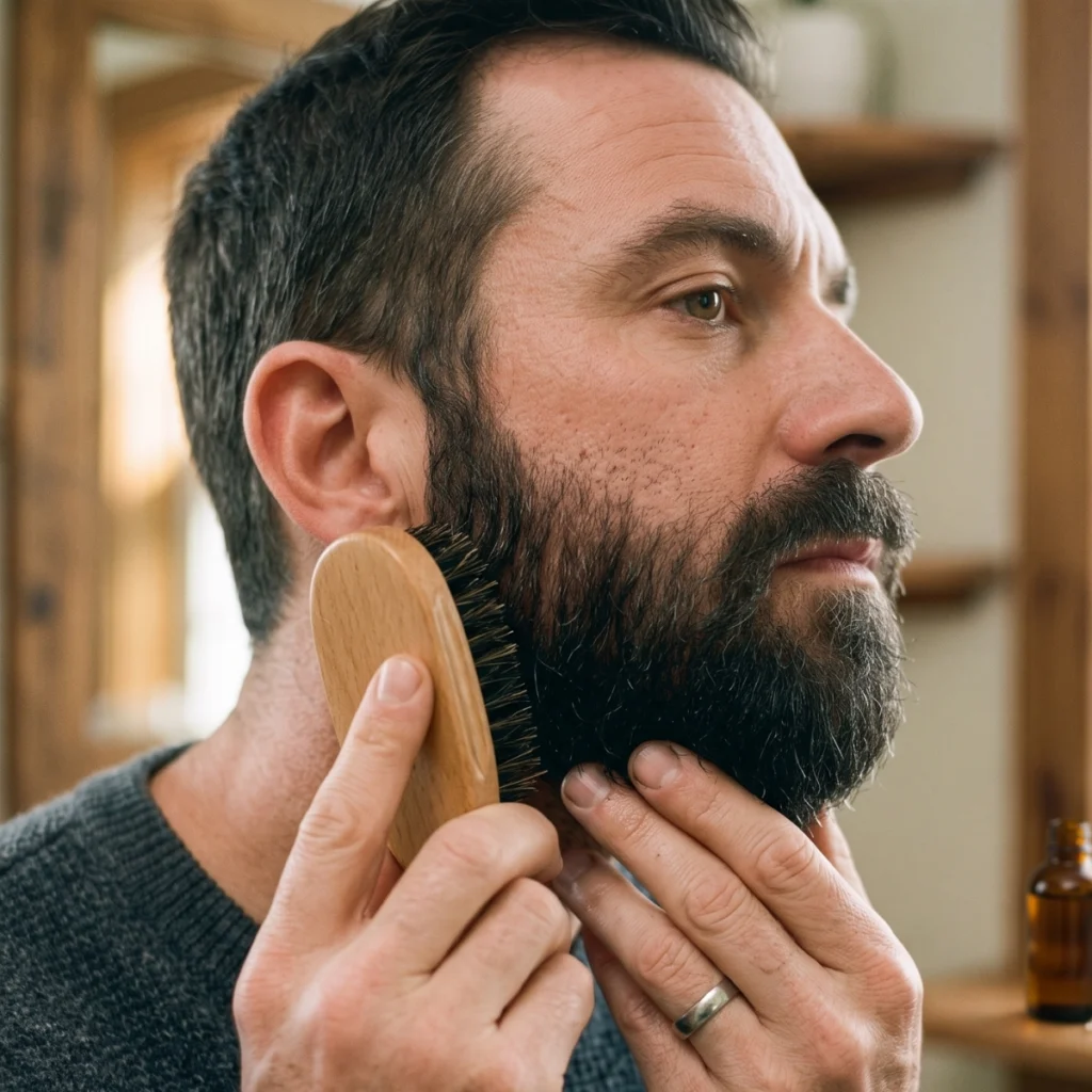 Man brushing a coarse beard after applying beard oil