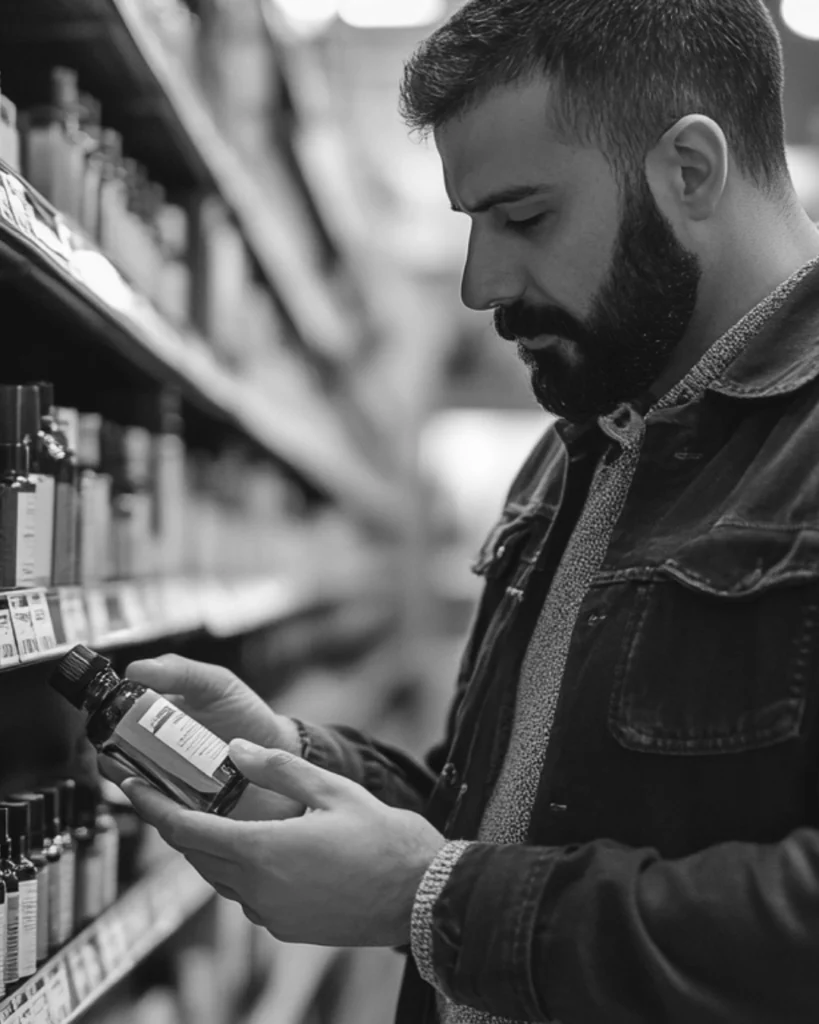 Bearded man reading a beard oil ingredient list while comparing products in a store