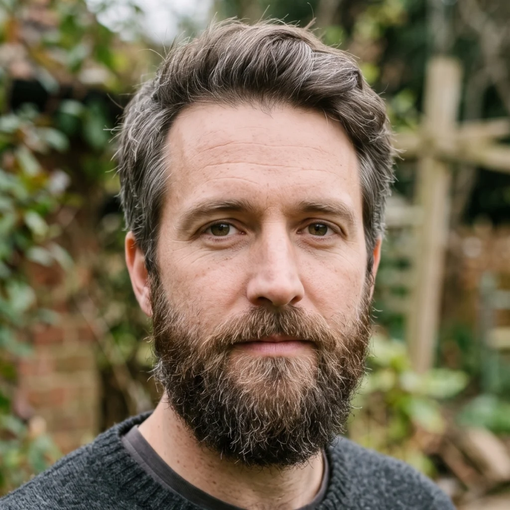 Man with a natural full beard showing realistic beard oil results