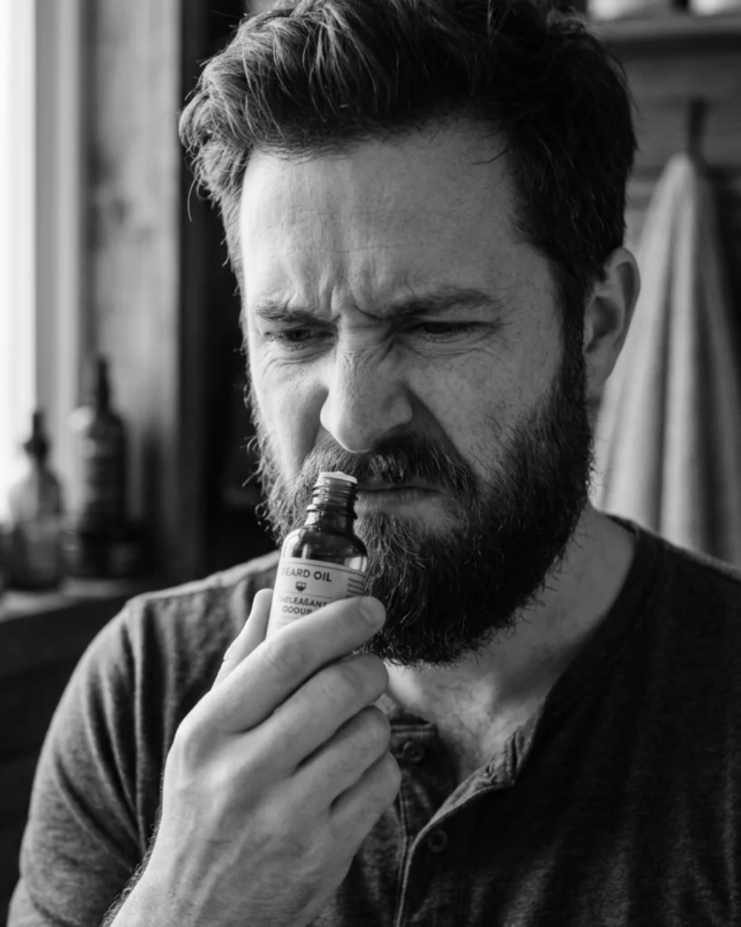Bearded man smelling a beard oil bottle and reacting to signs the oil may have gone bad
