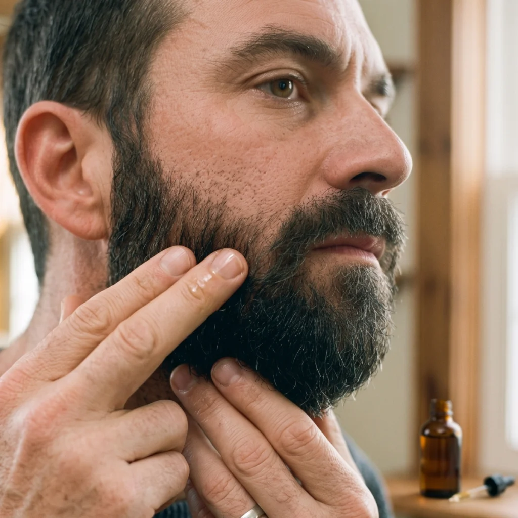 Man applying beard oil to a rough area along the side of his beard
