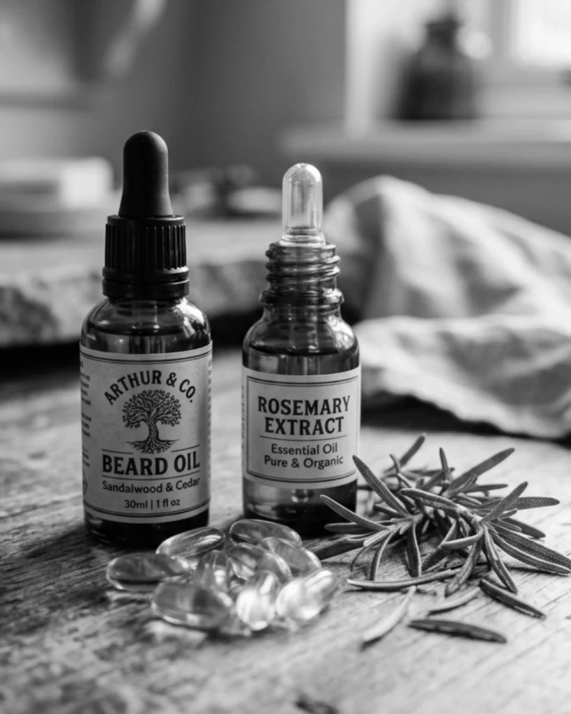 Beard oil bottle with rosemary extract and vitamin E capsules showing how small ingredients can carry big marketing claims