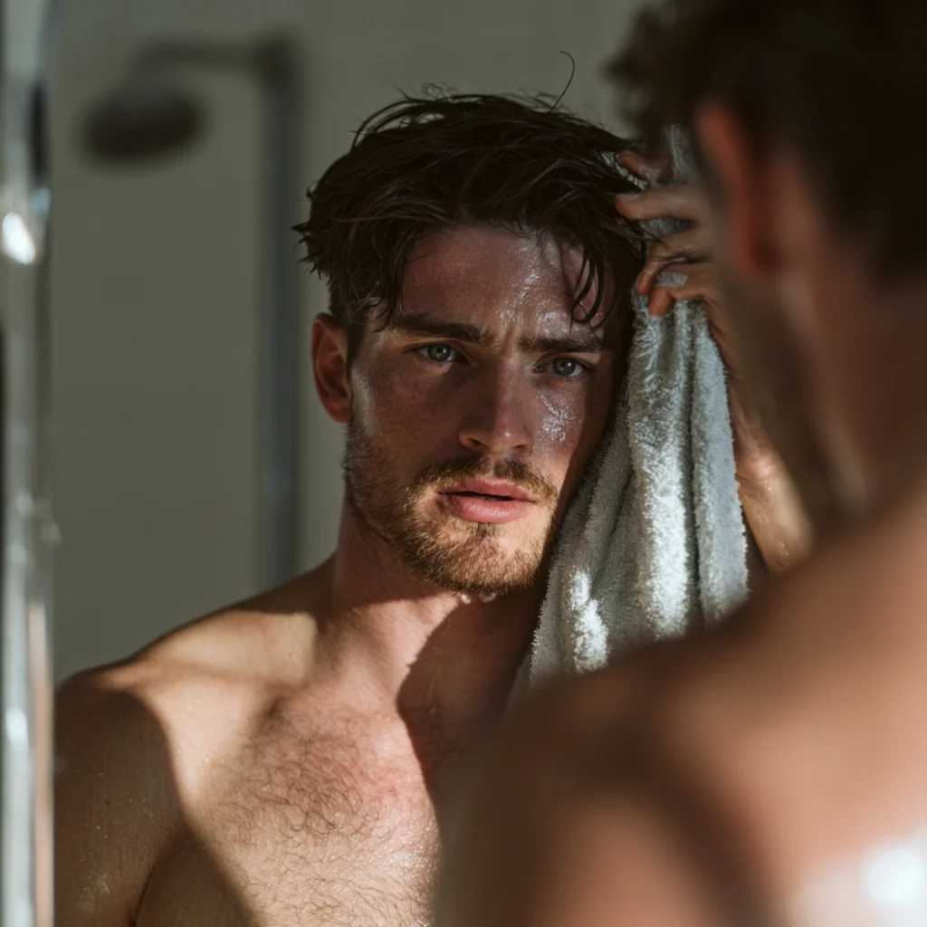 Man towel-drying damp hair before applying pomade