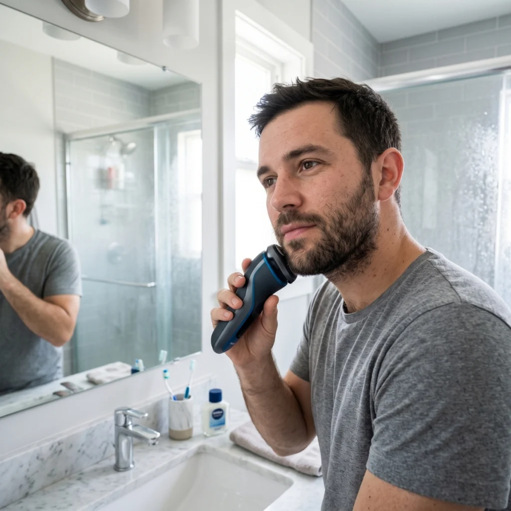 Man using a dry electric shaver on facial stubble before showering