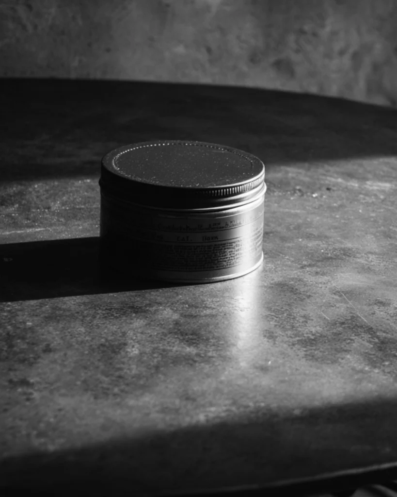Tin of hair clay on a table, showing a men’s hair styling product used for grip, texture and a drier finish.