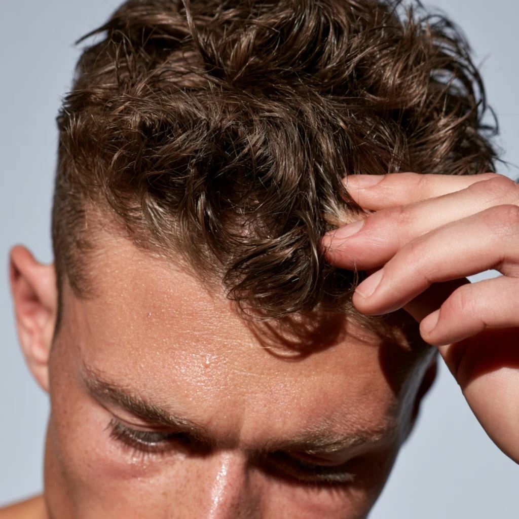 Man using his fingers to pull apart sections of hair for texture