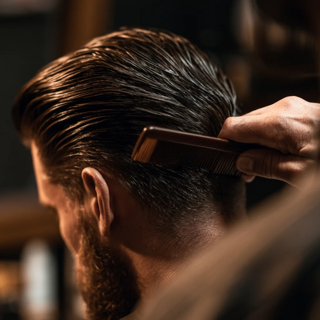 Man combing a slicked-back hairstyle with pomade