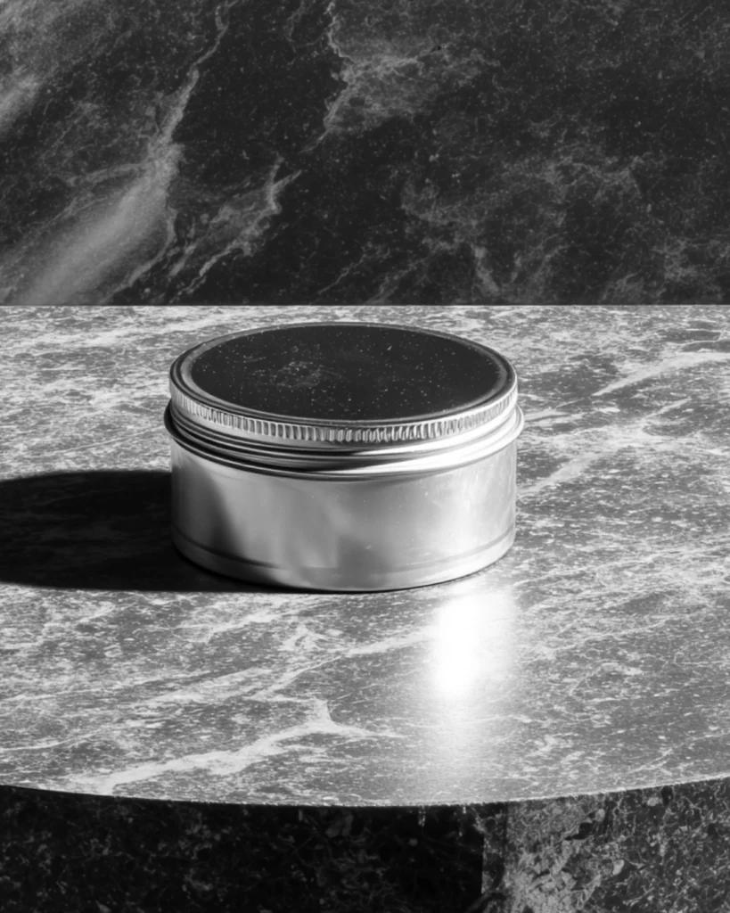 Tin of hair putty on a marble table, showing a men’s hair styling product used for flexible hold, texture and easier everyday styling.