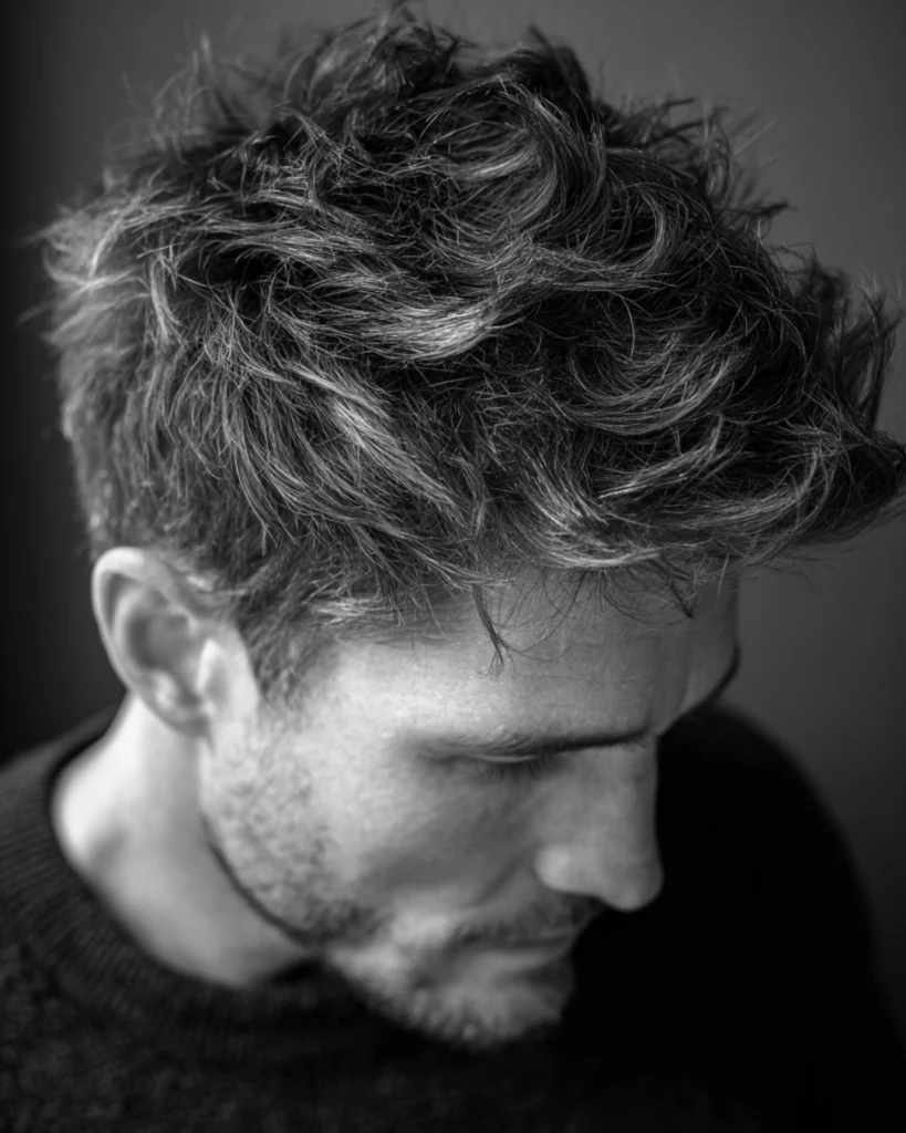 Close-up of textured men’s hair, showing how hair putty and clay can feel different once styled with grip, movement and product texture.