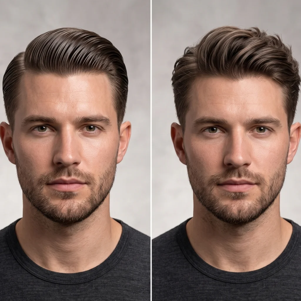 Comparison of high-shine pomade and lower-shine pomade finishes