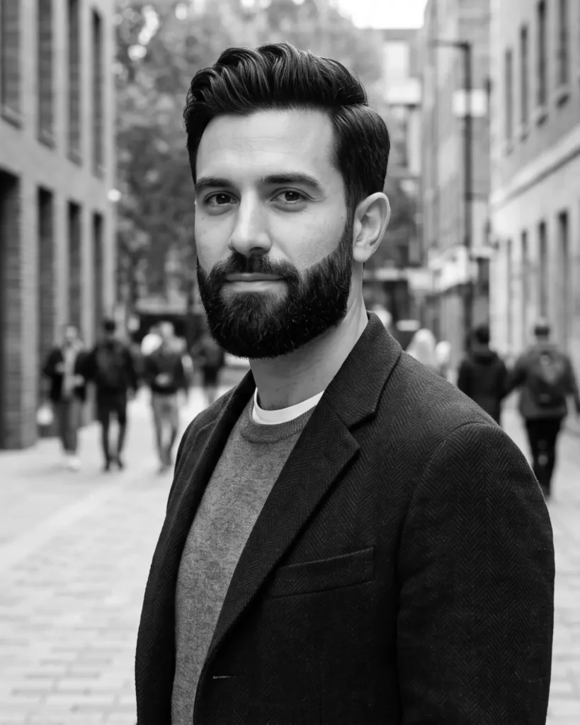 medium full beard style with even coverage on cheeks, chin, and jaw
