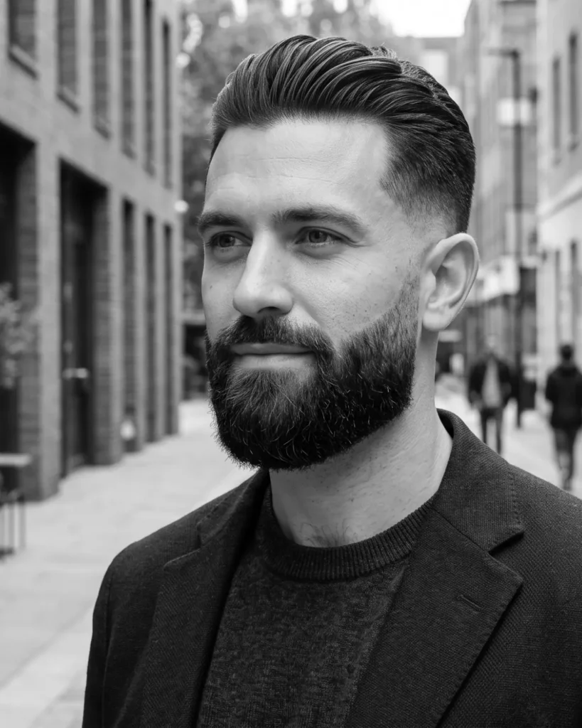medium beard fade blending into the hairline with tapered sides