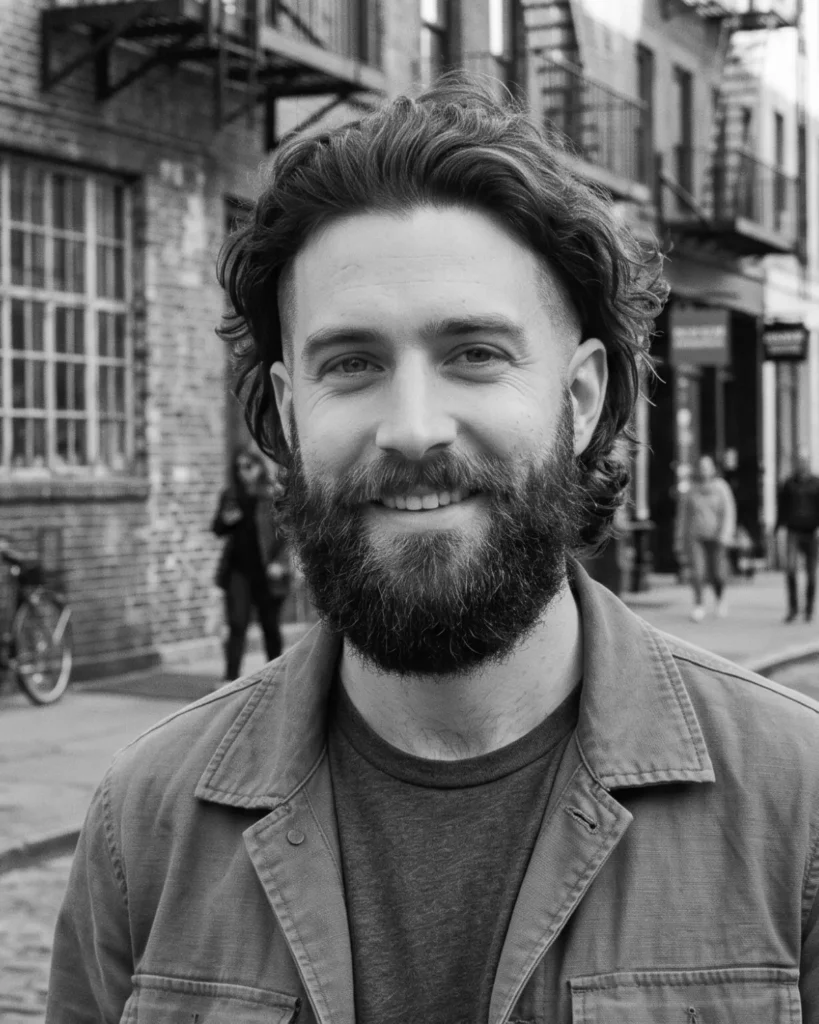 medium full beard style with even coverage on cheeks, chin, and jaw
