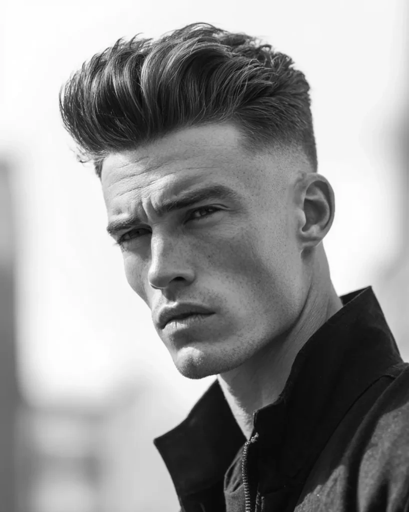 Man with a medium pompadour hairstyle, showing more height and volume compared with a quiff.