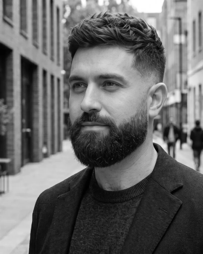 medium rounded beard style with soft curves at the jaw and chin