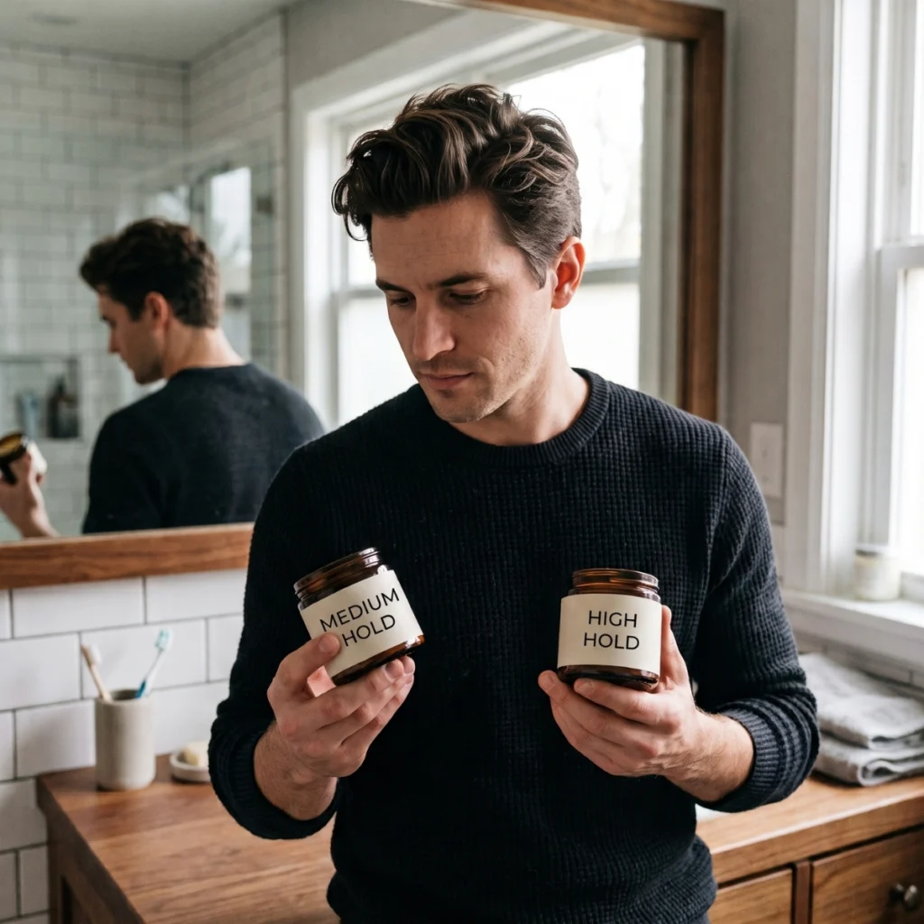 Man comparing medium hold and strong hold pomades