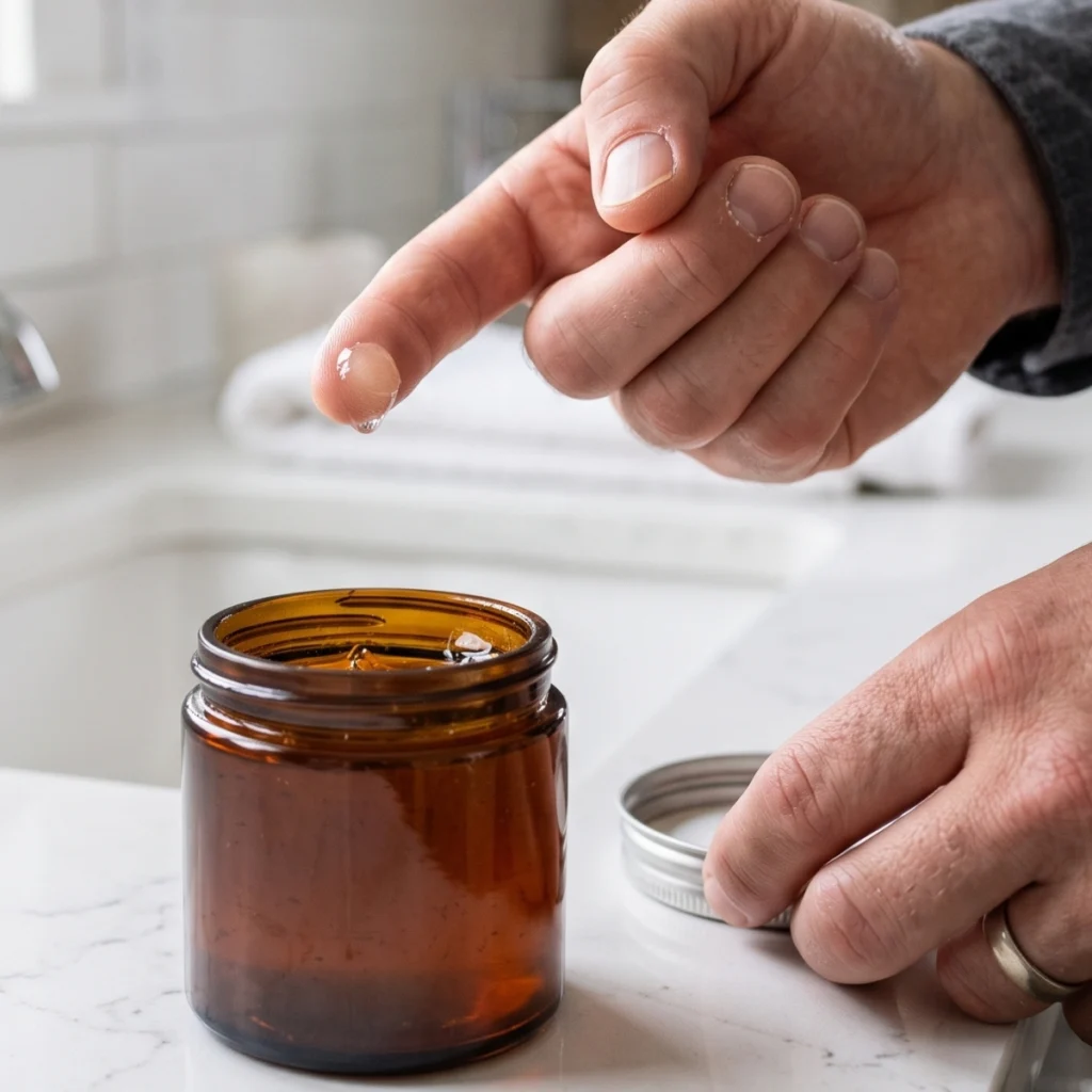 Small pea-sized amount of pomade on a fingertip before styling hair